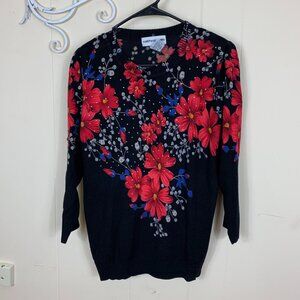 Cathy Daniels Print Red Floral Black Sweater Women's Size Medium